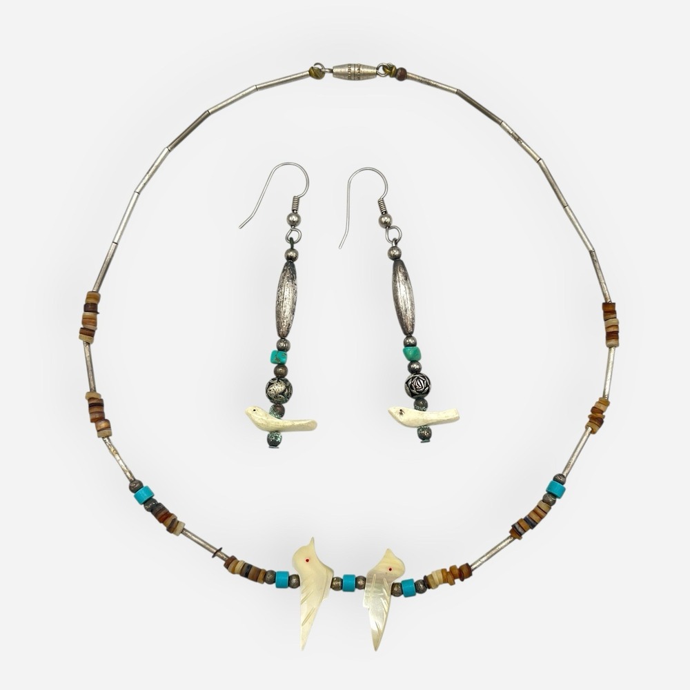 Native American Navajo Silver Bird Fetish Necklace Earrings MOP Turquoise